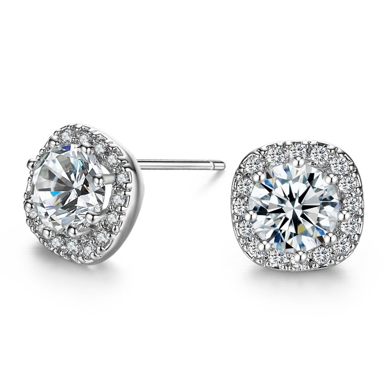 SBLING Platinum Plated Cubic Zirconia Cushion Shape Halo Stud Earrings (1.90 cttw) - Image 1
